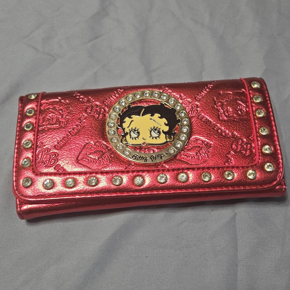Betty Boop Red Metallic Rhinestone Studded Trifold Wallet